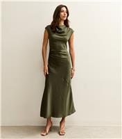Women's Tall Light Khaki Satin Cowl Neck Midi Dress New Look