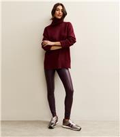 Women's Tall Burgundy Faux Leather Seams Leggings New Look