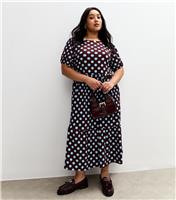Women's Plus Size Purple Polka Dot Tiered Midi Dress Curves New Look