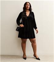 Women's Plus Size Black Diamante Embellished Velvet Mini Dress Curves New Look