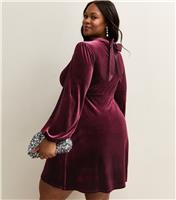 Women's Plus Size Burgundy Velvet Bow Back Mini Dress Curves New Look