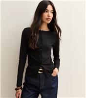 Women's Black Ribbed Button Through Long Sleeve Top New Look