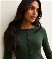 Women's Dark Green Ribbed Button Through Long Sleeve Top New Look