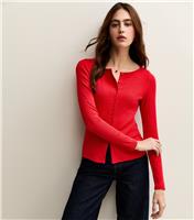 Women's Red Ribbed Button Through Long Sleeve Top New Look