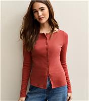 Women's Dark Red Ribbed Button Through Long Sleeve Top New Look