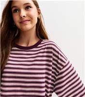 Girls' Burgundy and Pink Boxy Striped T-Shirt New Look