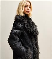 Women's Black Floral Texture Faux Fur Trim Coat New Look