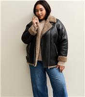 Women's Plus Size Black Faux Fur Trim Aviator Jacket Curves New Look