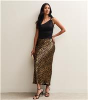 Women's Gold Animal Print Satin Bias Cut Midi Skirt New Look