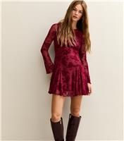 Women's Burgundy Floral Print Skater Dress New Look