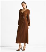 Women's Mid Brown Textured Wrap Midi Dress Gini London New Look