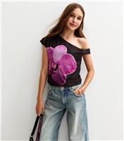 Girls' Dark Brown Hibiscus Flower Print One Shoulder Top New Look