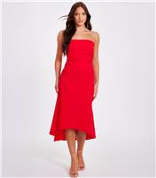 Women's Red Ruched Dipped Hem Bandeau Midi Dress Quiz New Look