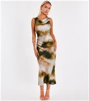 Women's Khaki Printed Satin Midi Dress Quiz New Look