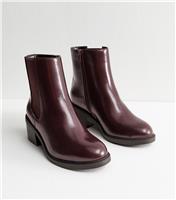 Women's Wide Fit Dark Burgundy Faux Leather Chelsea Heeled Ankle Boots Vegan New Look