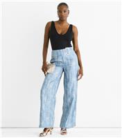 Women's Blue Printed Belted Trousers Gini London New Look