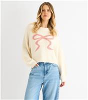 Women's Cream Contrast Bow Jumper Gini London New Look
