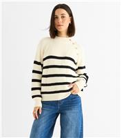 Women's Cream Striped Button Detail Jumper Gini London New Look