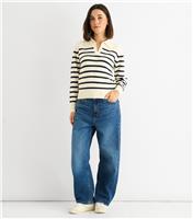 Women's Cream Striped Collared V-Neck Jumper Gini London New Look