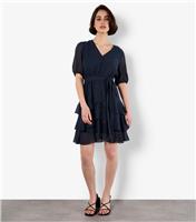 Women's Navy Sparkly Polka Dot Belted Mini Dress Apricot New Look
