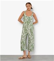 Women's Green Leaf Print Wide Leg Cropped Jumpsuit Apricot New Look