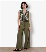 Women's Khaki Drawstring Waist Wide Leg Trousers Apricot New Look