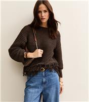 Women's Dark Brown Heavy Knit Fringe Hem Jumper New Look