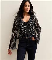 Women's Black Polka Dot Chiffon Tie Front Blouse New Look