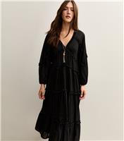 Women's Black Gold Fleck Ruffle Trim Chiffon Midi Dress New Look