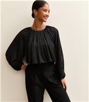 Women's Black Bubble Hem Devore Sleeve Satin Blouse New Look