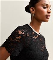 Women's Black Lace Faux Pearl Trim Top New Look