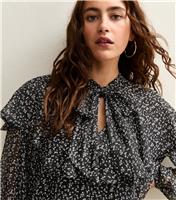 Women's Black Ditsy Floral Print Tie Neck Blouse New Look