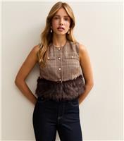 Women's Brown Check Faux Fur Trim Waistcoat New Look