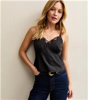 Women's Black Polka Dot Satin Lace Trim Cami Top New Look