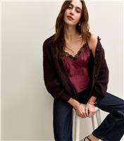 Women's Burgundy Polka Dot Satin Lace Trim Cami Top New Look