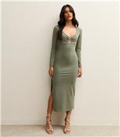 Women's Green V-Neckline Hem Slit Midi Dress New Look