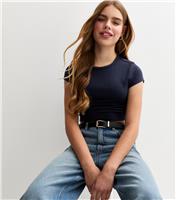 Girls' Navy Ruched Side Cap Sleeve T-Shirt New Look