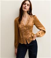 Women's Burnt Orange Satin Lace Trim Blouse New Look