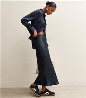 Women's Navy Satin Bias Cut Midi Skirt New Look