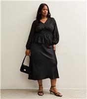 Women's Plus Size Black Satin Bias Cut Midi Skirt Curves New Look