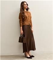 Women's Petite Dark Brown Satin Bias Cut Midi Skirt New Look