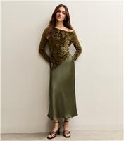 Women's Petite Light Khaki Satin Bias Cut Midi Skirt New Look