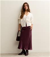 Women's Petite Dark Burgundy Satin Bias Cut Midi Skirt New Look