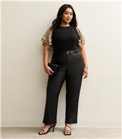 Women's Plus Size Black Soft Touch Animal Print Foil Flutter Sleeve Top Curves New Look