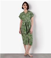 Women's Green Palm Tree Print Belted Shirt Dress Apricot New Look
