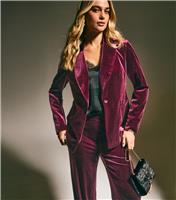 Women's Dark Burgundy Velvet Single Breasted Blazer New Look