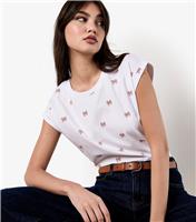 Women's White Bow Print T-Shirt Apricot New Look