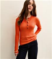 Women's Bright Orange Lightweight Ribbed Knit Button Placket Jumper New Look