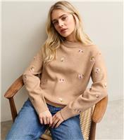 Women's Camel Flower Embroidered Lightweight Jumper New Look