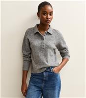 Women's Mid Grey Midweight Knit Polo Jumper New Look